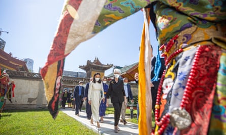 Nomin Chinbat and US deputy secretary of state, Wendy Sherman, visit the Choijin Lama Temple Museum in Ulaanbaatar, Mongolia, July 2021.