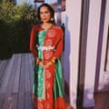 Tahmina Begum in her red and green georgette Sari