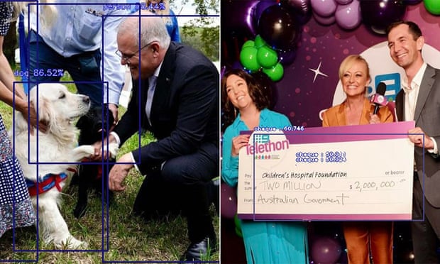Facebook photo posted by Scott Morrison with annotations from Guardian Australia’s dog detection model, and a Facebook photo posted by MP Trevor Evans, showing Evans holding a giant cheque at the Channel 9 telethon