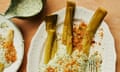 Kitty Coles' roast leeks with parsley sauce and parmesan breadcrumbs.