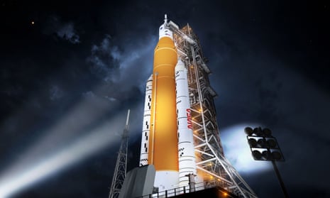 An illustration of Nasa’s new space launch system, which will take humans back to the moon.