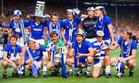 Southall with Everton teammates including Peter Reid, Alan Harper and Andy Gray after Everton defeated Watford 2-0 in the 1984 FA Cup final.