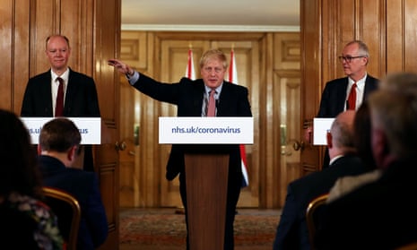 The government’s chief scientific adviser, Sir Patrick Vallance, right, joins Boris Johnson and Prof Chris Whitty, the chief medical officer, to announce further coronavirus measures.