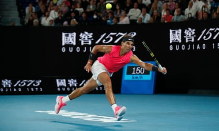 Rafael Nadal stretches in order to play a return shot during his victory over Nick Kyrgios