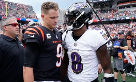 Lamar Jackson and Joe Burrow greet each other after Sunday’s game