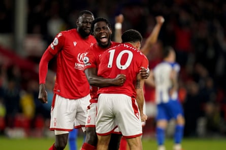 Nottingham Forest players celebrate their victory over Brighton.