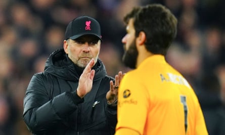 Jürgen Klopp and Alisson after the final whistle at the London Stadium.