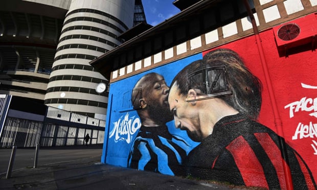 A mural on a wall at San Siro depicts Milan's Zlatan Ibrahimovic headbutting Inter's Romelu Lukaku.