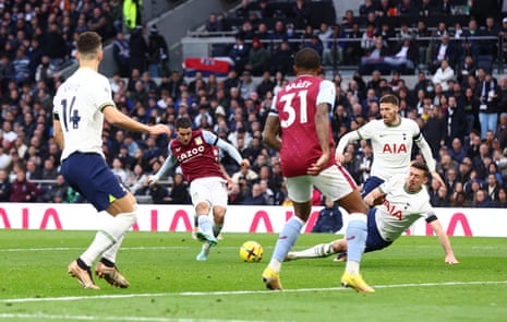 Emi Buendia puts Villa ahead. Very much against the run of play, as much as there has been.