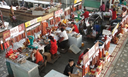 A market hall where sausages are being sold in Bishkek, Kyrgyzstan.
