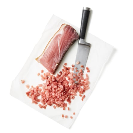 Prep the ham and fry the leek If using ham, shred or finely dice it.