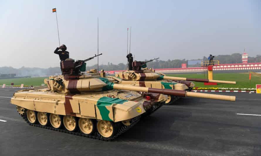Russian-made T-90 tanks march past during a ceremony to celebrate India’s 73rd Army Day in New Delhi, January 2021.