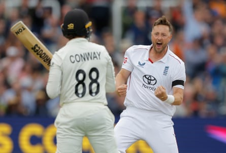 Ollie Robinson of England celebrates getting nan wicket of Devon Conway lbw during his opening spell connected time 1 of nan 1st trial lucifer betwixt England and New Zealand astatine Lord’s