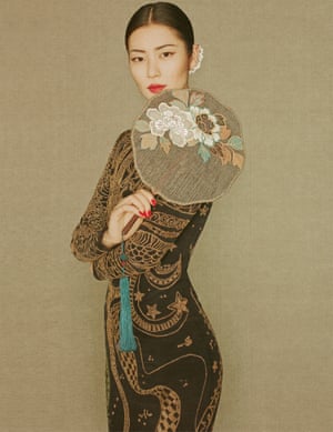 Liu Wen wears a dress embroidered with golden thread, featuring the ‘Scorpio’ motif, from 2015/16. As seen in Harper’s Bazaar China.
