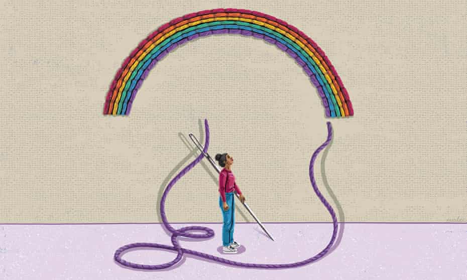 An illustration of a woman holding a giant needle and looking above her head at a rainbow sewn from thread, with a single purple thread hanging down