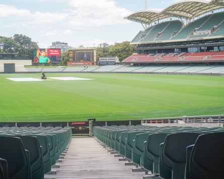 Groundstaff prepare the field at the Adelaide Oval.