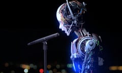 Cyborg sings into a microphone