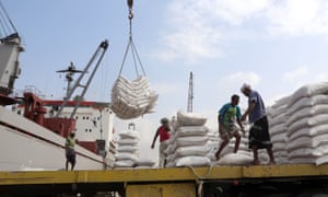 Wheat given by Unicef being unloaded at Hodeidah, where 70% of Yemen’s imports arrive.