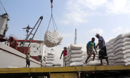 Wheat given by Unicef being unloaded at Hodeidah, where 70% of Yemen’s imports arrive.
