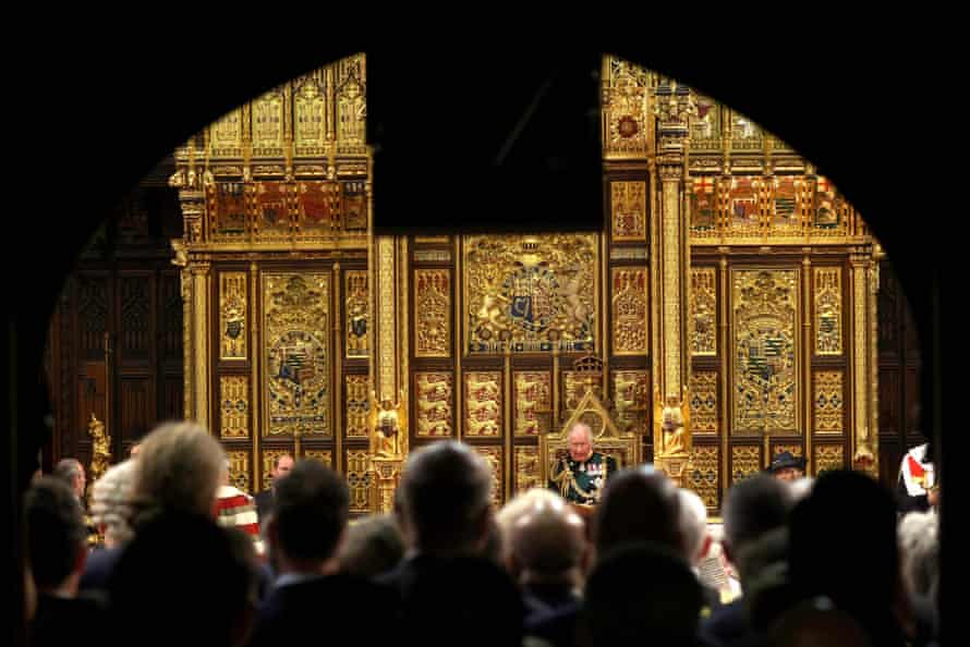 The Prince of Wales delivering the Queen’s speech, as seen from where MPs were standing, at the entrance to the House of Lords chamber.