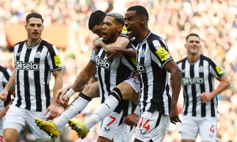 Newcastle United’s Joelinton, Alexander Isak and Miguel Almiron celebrate their first goal, an own goal scored by Sunderland’s Danny Ballard.