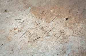 The inscribed stone uncovered at Tintagel Castle. Photograph: Christopher Ison/English Heritag/PA 