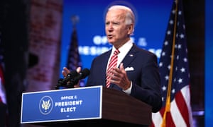 Biden on stage in Delaware on Monday. He said: ‘More people may die if we don’t coordinate. If we have to wait until January 20 to start that planning, it puts us behind.’