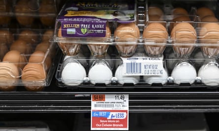 Increased prices of eggs are seen at egg shelves in a supermarket.
