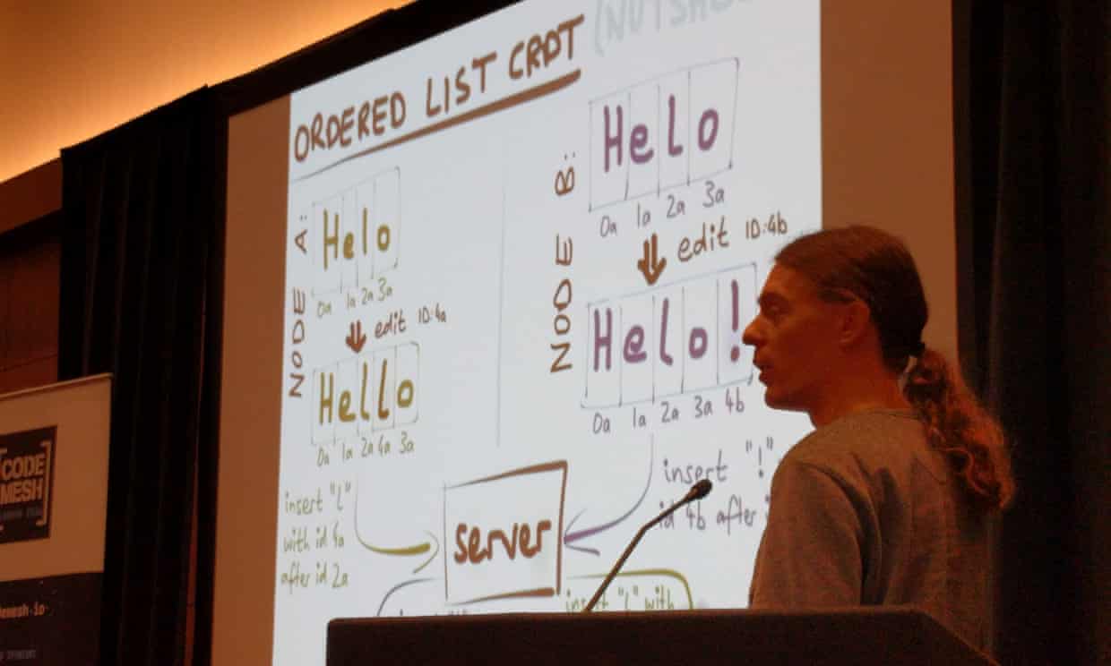 Martin Kleppmann giving his talk ‘Conflict Resolution for Eventual Consistency' at Code Mesh 2016. The slide is titled ‘Ordered List CRDT’ and shows how unique IDs are added to each transformation.
