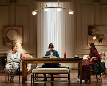 Adeel Akhtar (Angad), Thusitha Jayasundera (Gyan) and Shelley Conn (Malicka) in The Estate at the National Theatre.