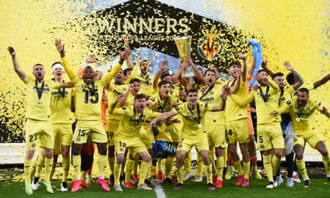 Villarreal lift the Europa League trophy after beating Manchester United 11-10 on penalties.