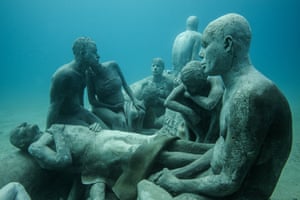 A close-up of the figures on The Raft of Lampedusa