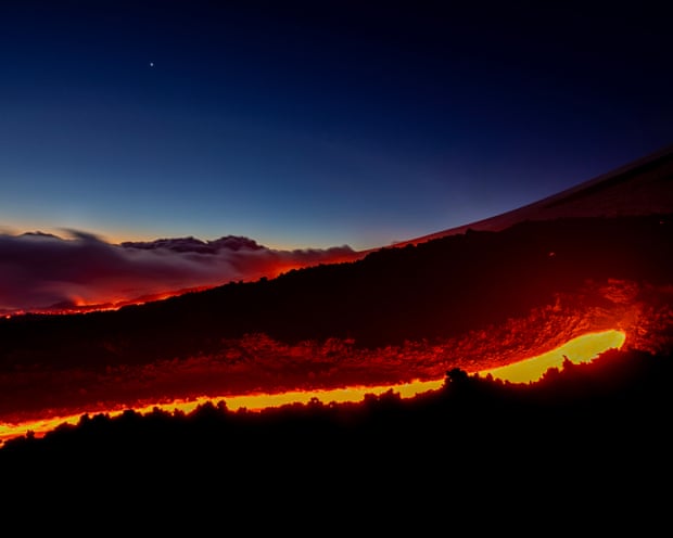 Fresh lava flow carving the rocks of Mount Etna