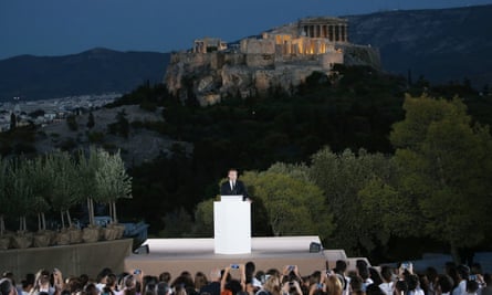 Macron giving a speech on the Pnyx in Athens in September.