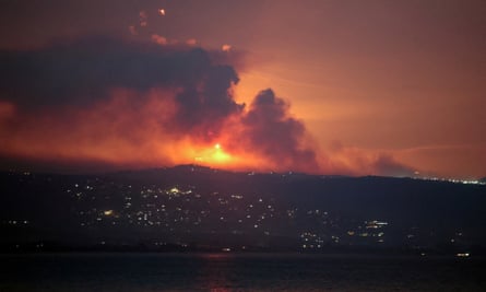 Smoke and fire on the Lebanese side of the border with Israel, as seen from Tyre.