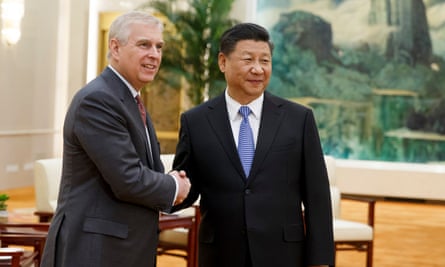 Prince Andrew shakes hands with Xi Jinping in 2018.