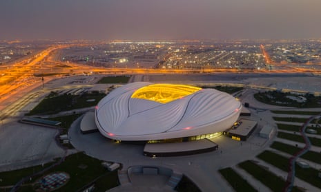 The Al Janoub stadium in Al Wakrah, Qatar – lit up at sunrise – one of the World Cup venues for the competition that starts in late November.