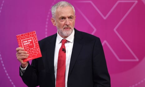 Jeremy Corbyn holds up his manifesto as he takes part in the BBC’s Question Time.