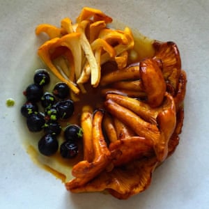 A stew of chanterelle mushrooms and wild blackcurrants from Noma Sydney.