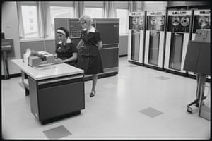 A trainee data-entry clerk inputting information into the new IBM 1401 super-computer in the AMP building in Circular Quay, 1963