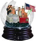 Taylor Swift, a US flag, a radio, and the white house in a broken snow globe