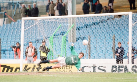 Niall Quinn saves a penalty for Manchester City v Derby County.