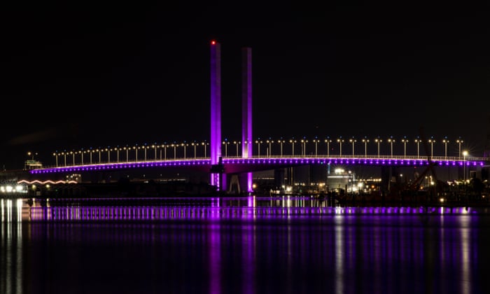 The Bolte Bridge is lit up pink.