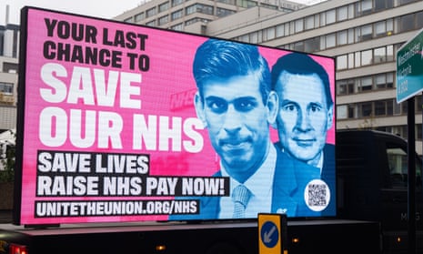 A van carries a message with a picture of Prime Minister Rishi Sunak and Chancellor Jeremy Hunt by Unite Union to save our NHS . 