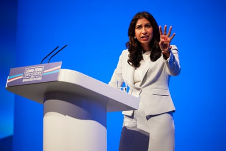 Then-home secretary Suella Braverman giving her keynote speech on the main stage at the annual Conservative party conference in Manchester.