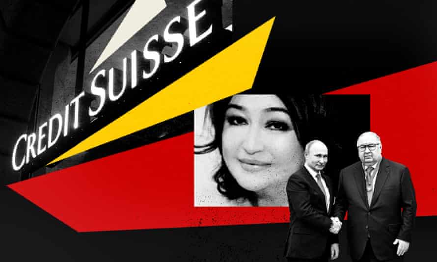 Illustration of Saodat Narzieva and her brother Alisher Usmanov with Vladimir Putin under a Credit Suisse sign.