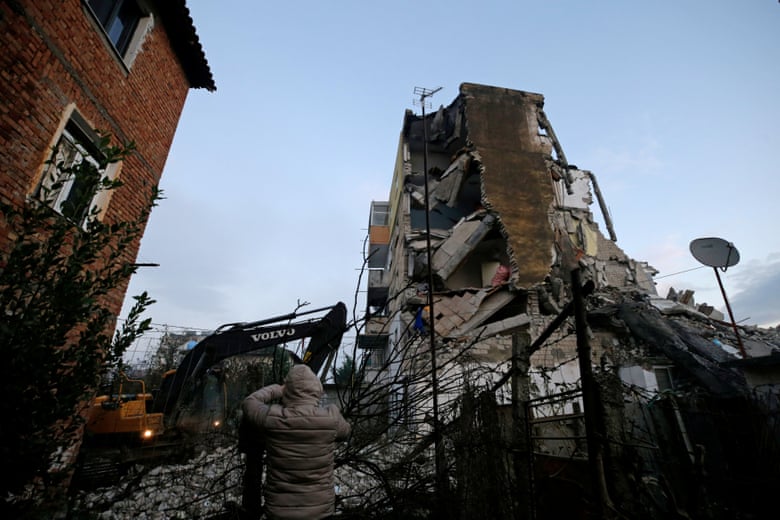 A damaged building in Thumanë. Photograph: Florion Goga/Reuters