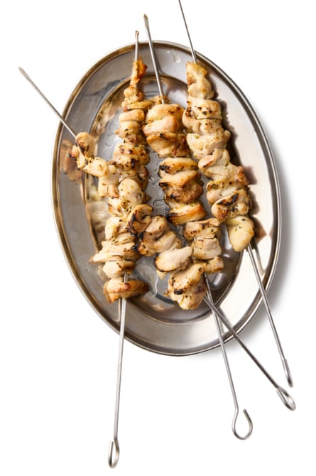 cooked chicken on skewers