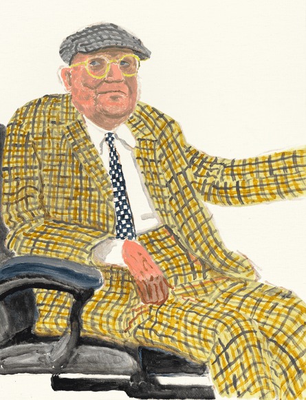 Self-portrait by David Hockney. He is wearing a yellow checked suit and grey checked bonnet and sitting in an office chair.