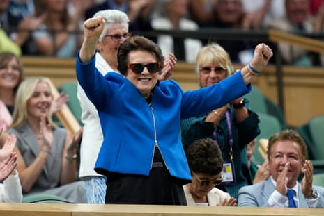 Billie Jean King acknowledges the crowd after being introduced from her seat in the Royal Box on Centre Court 